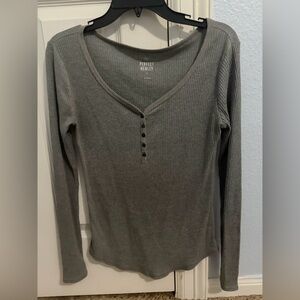 SO Women's Ribbed Gray Henley Long Sleeve Top